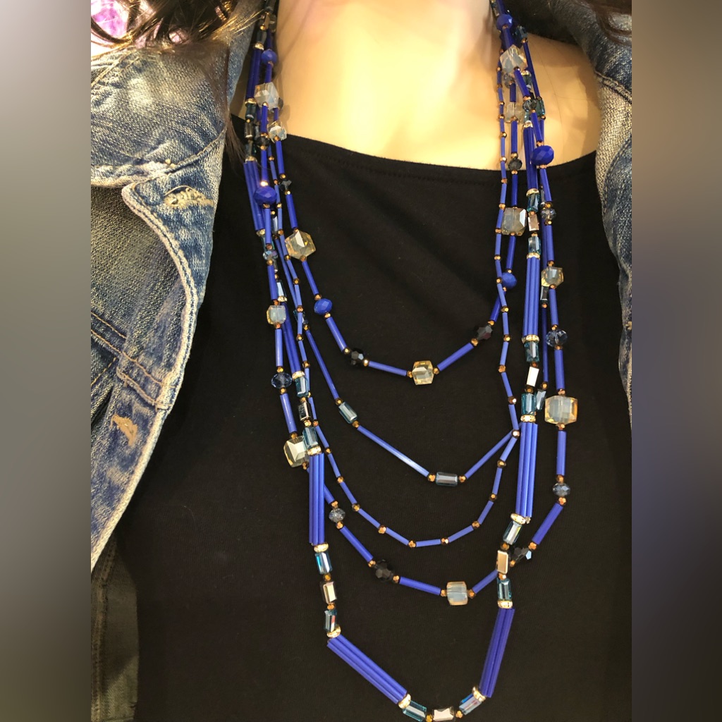 Blue Bugles & Cube Crystals Layered Strands-Boutique